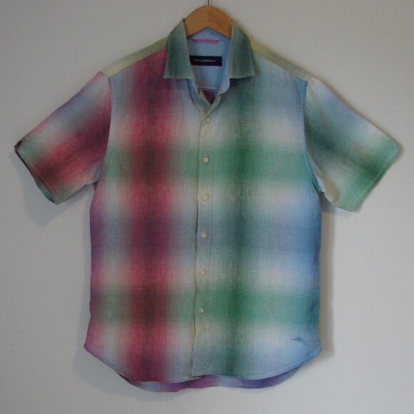 Tommy Bahama Linen Shirt Green Blue Plaid Short Sleeve Button Front Size Small - Picture 1 of 12
